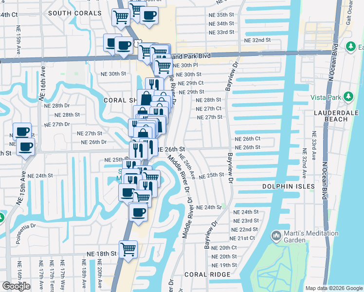 map of restaurants, bars, coffee shops, grocery stores, and more near 2615 Northeast 26th Street in Fort Lauderdale