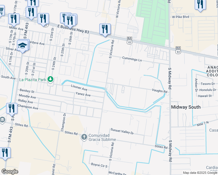 map of restaurants, bars, coffee shops, grocery stores, and more near 610 South Victoria Road in Donna