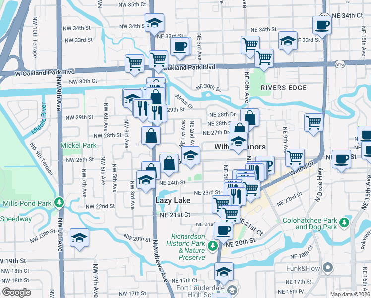 map of restaurants, bars, coffee shops, grocery stores, and more near 109 Northeast 26th Drive in Wilton Manors