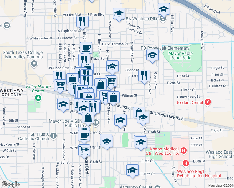 map of restaurants, bars, coffee shops, grocery stores, and more near in Weslaco