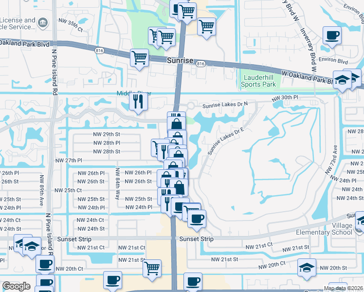 map of restaurants, bars, coffee shops, grocery stores, and more near 2750 Sunrise Lakes Drive West in Sunrise