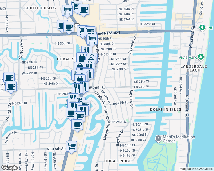 map of restaurants, bars, coffee shops, grocery stores, and more near 2600 Northeast 26th Terrace in Fort Lauderdale