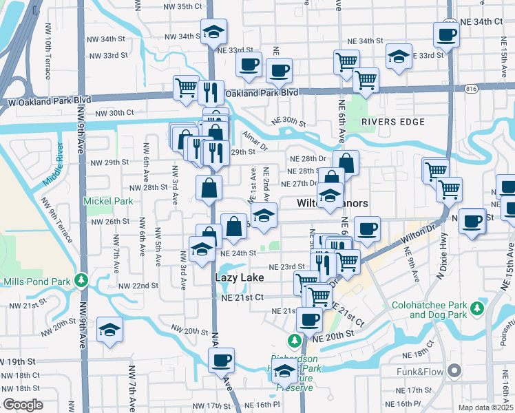 map of restaurants, bars, coffee shops, grocery stores, and more near 109 Northeast 26th Drive in Wilton Manors