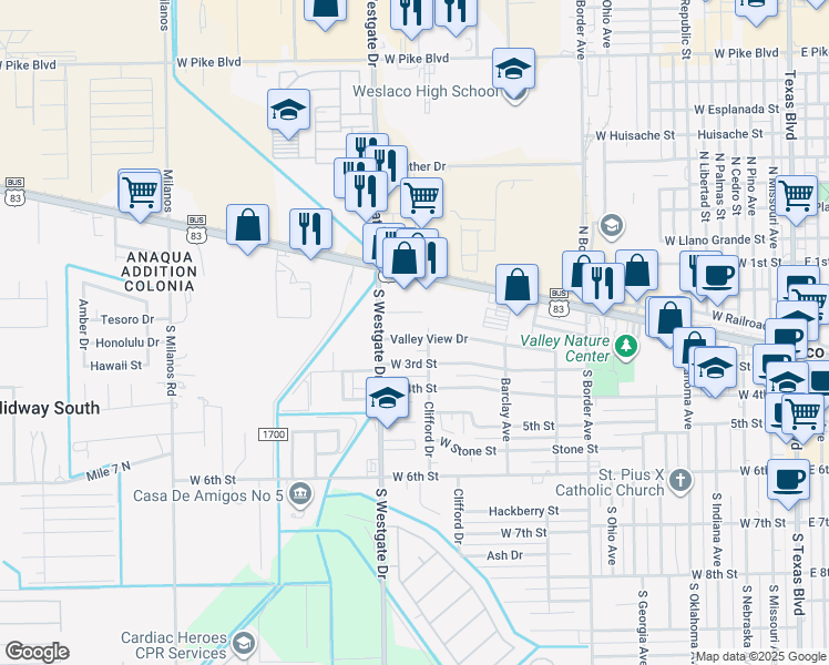 map of restaurants, bars, coffee shops, grocery stores, and more near 1202 Valley View Drive in Weslaco