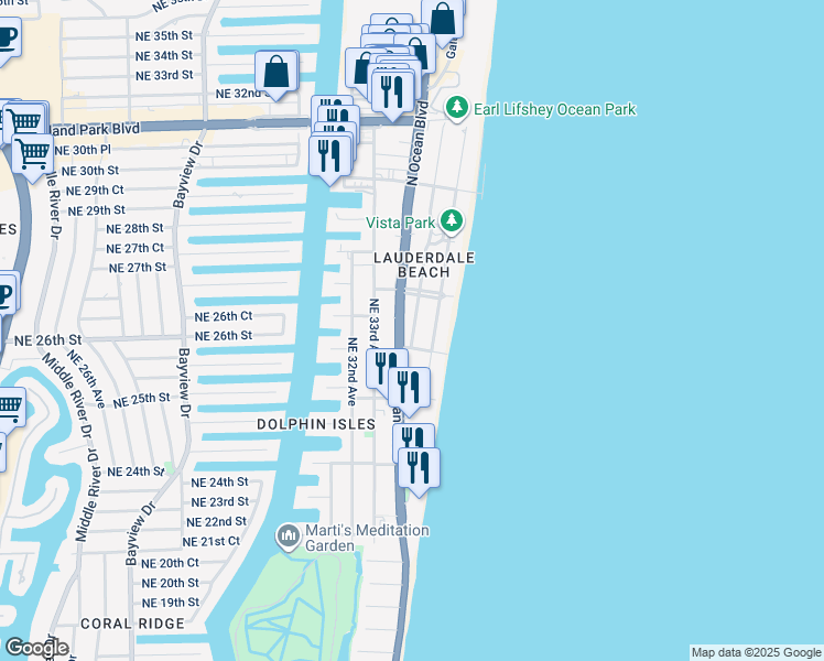 map of restaurants, bars, coffee shops, grocery stores, and more near 2515 North Atlantic Boulevard in Fort Lauderdale
