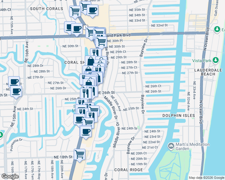map of restaurants, bars, coffee shops, grocery stores, and more near 2600 Northeast 26th Terrace in Fort Lauderdale