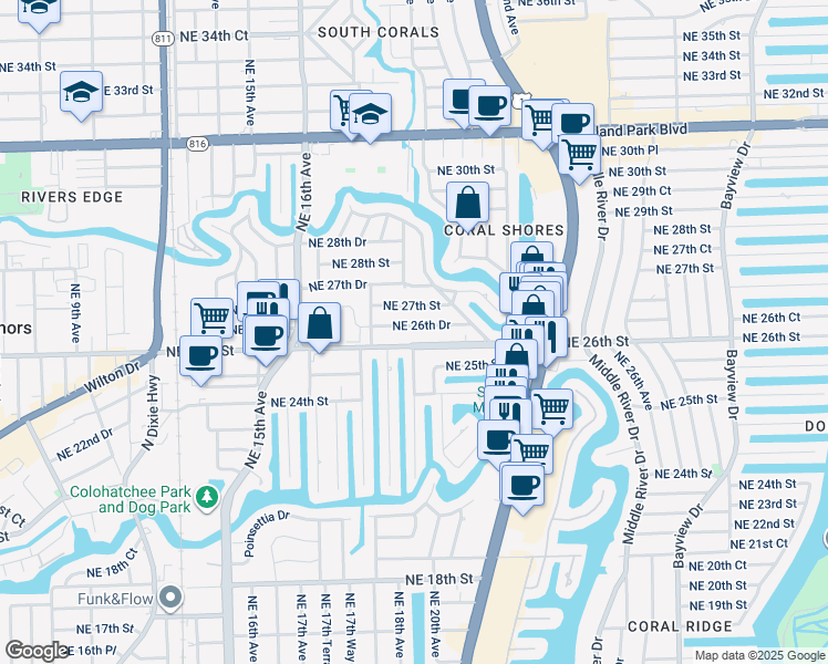 map of restaurants, bars, coffee shops, grocery stores, and more near 1881 Northeast 26th Street in Wilton Manors
