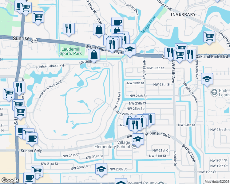 map of restaurants, bars, coffee shops, grocery stores, and more near 2601-6 East Aragon Boulevard in Sunrise