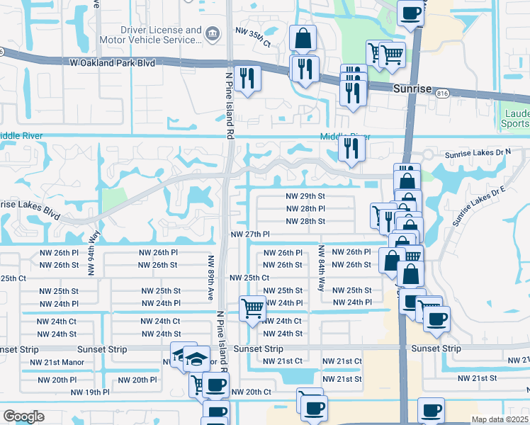 map of restaurants, bars, coffee shops, grocery stores, and more near 8641 Northwest 28th Street in Sunrise