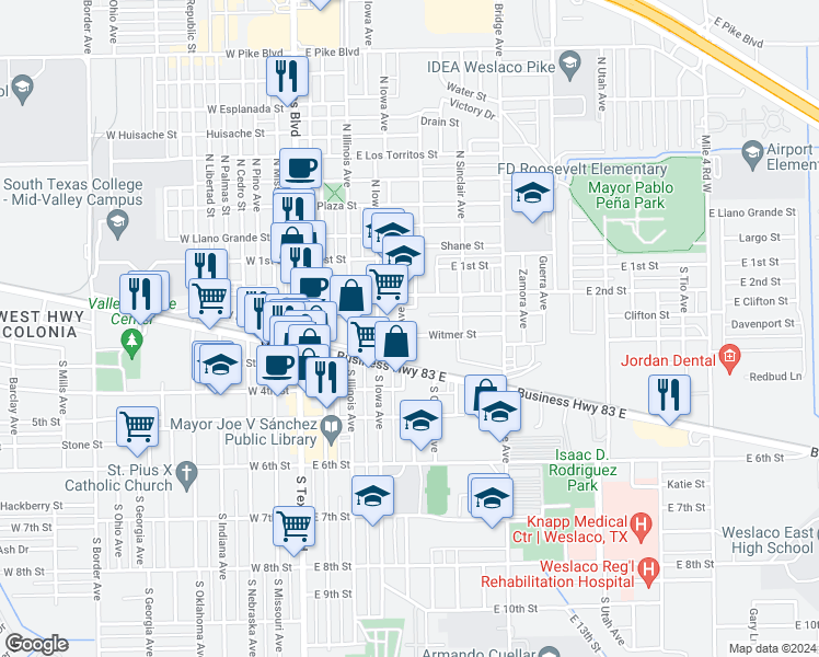 map of restaurants, bars, coffee shops, grocery stores, and more near 511 Witmer Street in Weslaco