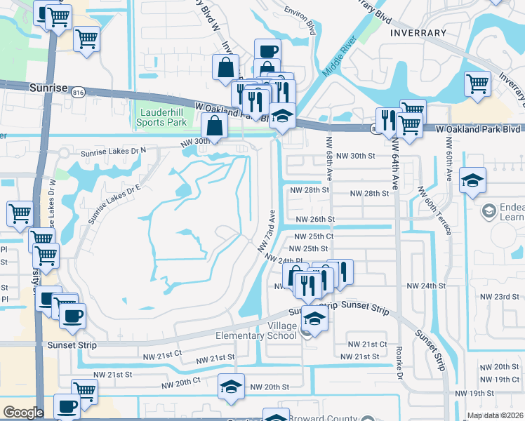 map of restaurants, bars, coffee shops, grocery stores, and more near 2601-6 East Aragon Boulevard in Sunrise