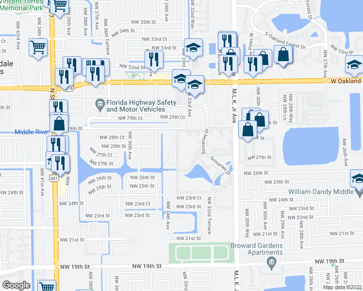 map of restaurants, bars, coffee shops, grocery stores, and more near 2851 Somerset Drive in Lauderdale Lakes