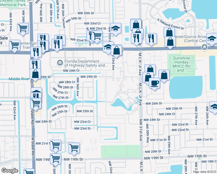 map of restaurants, bars, coffee shops, grocery stores, and more near 2851 Somerset Drive in Lauderdale Lakes