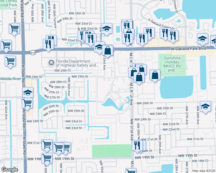 map of restaurants, bars, coffee shops, grocery stores, and more near 2811 Somerset Drive in Lauderdale Lakes