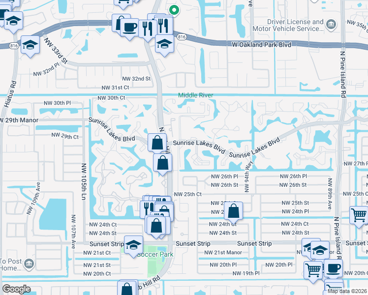map of restaurants, bars, coffee shops, grocery stores, and more near 9850 Sunrise Lakes Boulevard in Fort Lauderdale