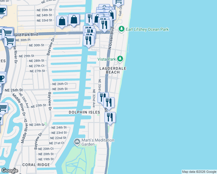 map of restaurants, bars, coffee shops, grocery stores, and more near 2509 Florida A1A in Fort Lauderdale
