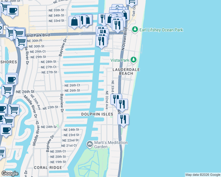 map of restaurants, bars, coffee shops, grocery stores, and more near 2507 Northeast 32nd Avenue in Fort Lauderdale