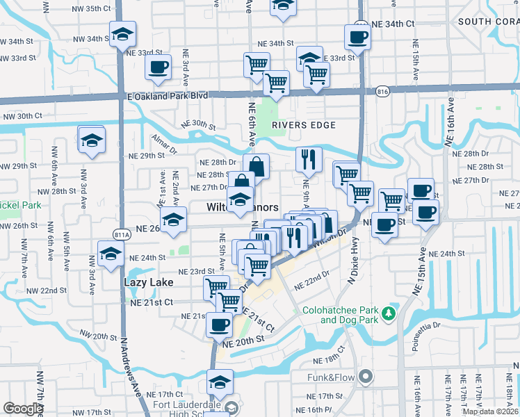 map of restaurants, bars, coffee shops, grocery stores, and more near 2607 Northeast 8th Avenue in Fort Lauderdale