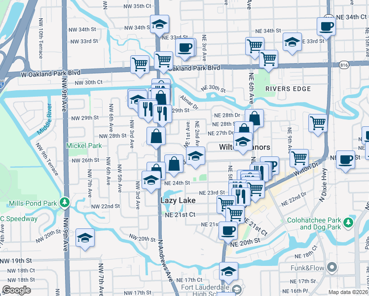 map of restaurants, bars, coffee shops, grocery stores, and more near 109 Northeast 26th Drive in Wilton Manors