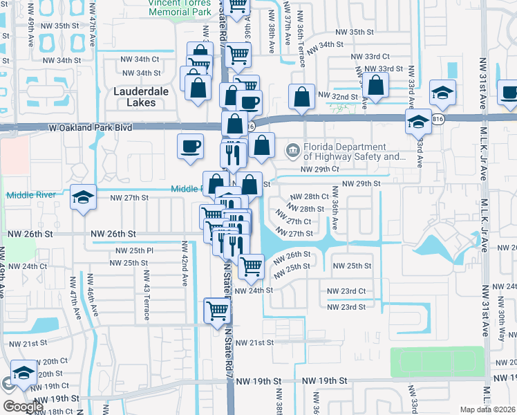 map of restaurants, bars, coffee shops, grocery stores, and more near 2741 Northwest 38th Terrace in Lauderdale Lakes