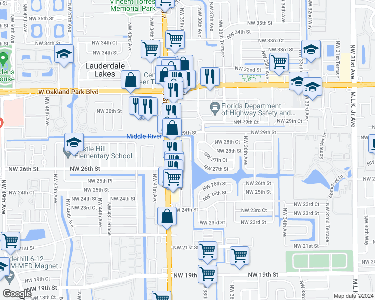 map of restaurants, bars, coffee shops, grocery stores, and more near 2700 Northwest 39th Way in Lauderdale Lakes