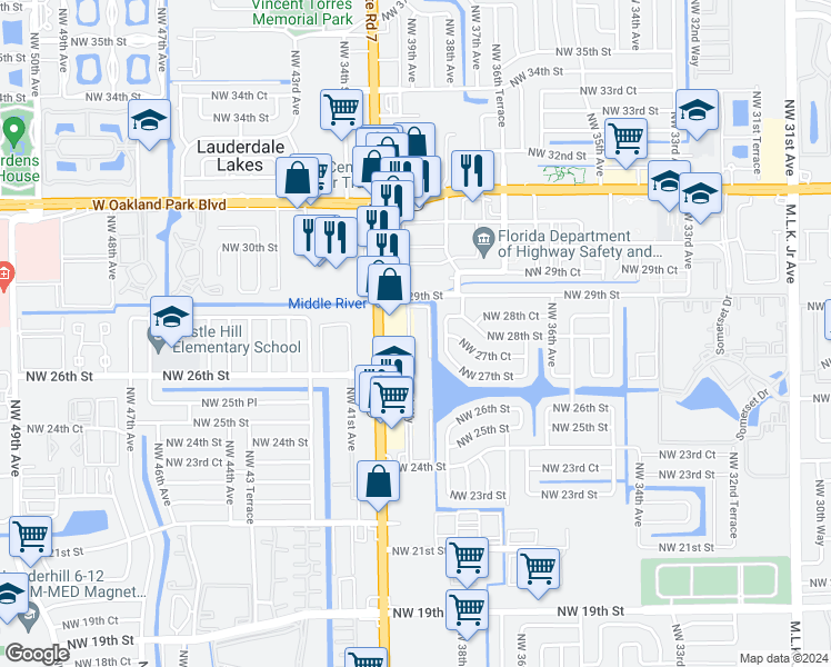 map of restaurants, bars, coffee shops, grocery stores, and more near 2700 Northwest 39th Way in Lauderdale Lakes