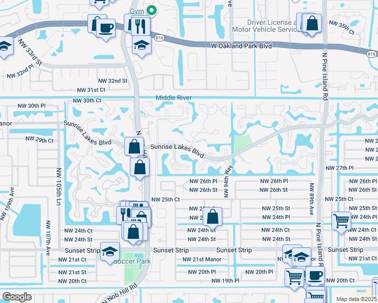 map of restaurants, bars, coffee shops, grocery stores, and more near in Sunrise