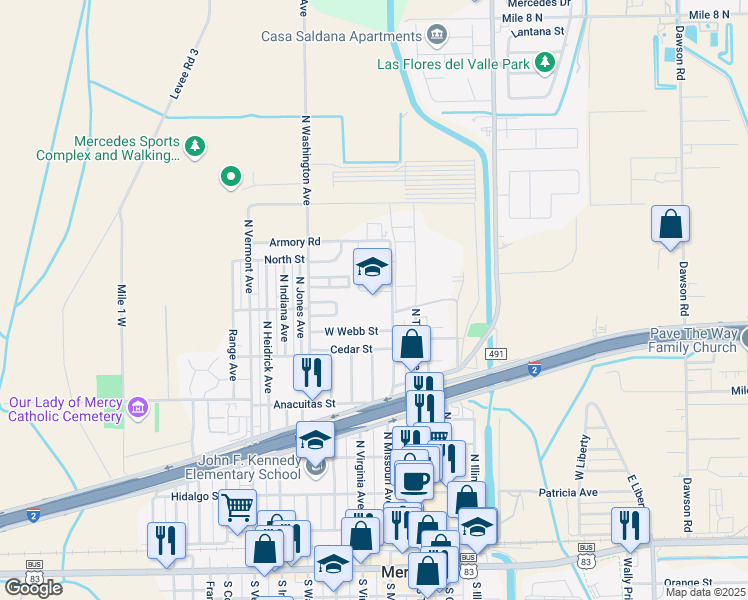 map of restaurants, bars, coffee shops, grocery stores, and more near 900 North Missouri Avenue in Mercedes