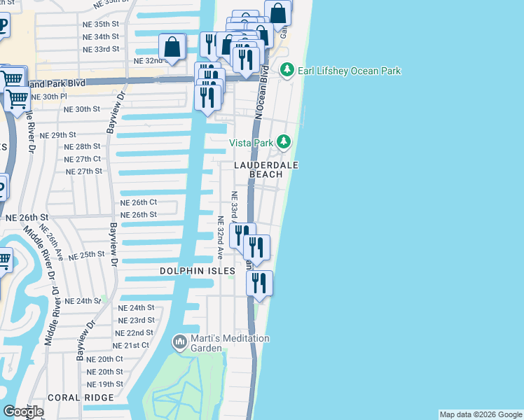 map of restaurants, bars, coffee shops, grocery stores, and more near 2515 North Atlantic Boulevard in Fort Lauderdale
