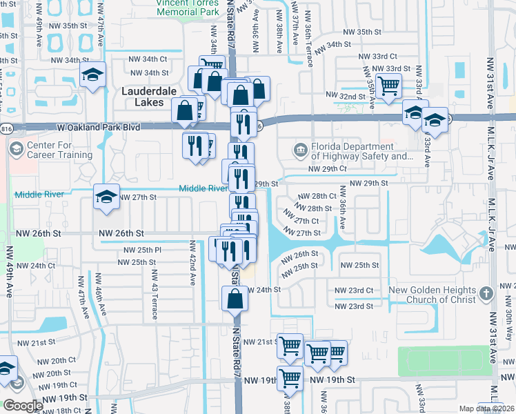 map of restaurants, bars, coffee shops, grocery stores, and more near 2700 Northwest 39th Way in Lauderdale Lakes