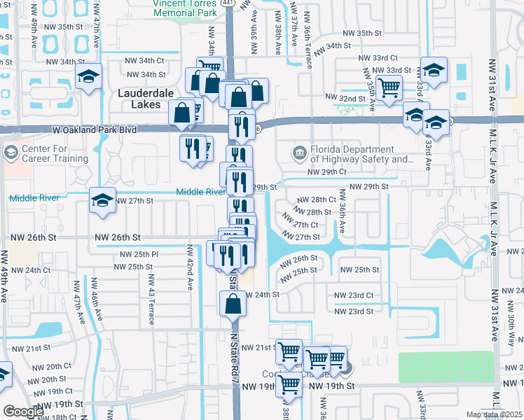 map of restaurants, bars, coffee shops, grocery stores, and more near 2700 Northwest 39th Way in Lauderdale Lakes