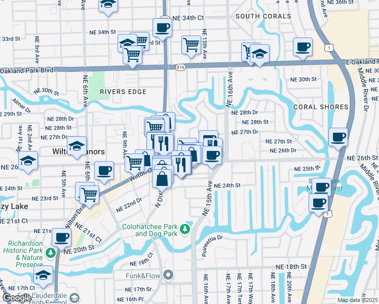 map of restaurants, bars, coffee shops, grocery stores, and more near 1201 Northeast 26th Street in Wilton Manors