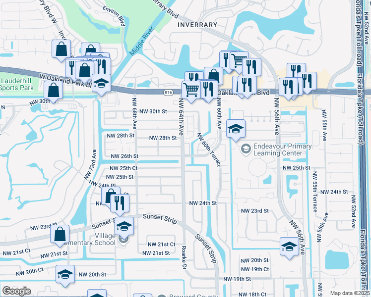 map of restaurants, bars, coffee shops, grocery stores, and more near 2650 Northwest 64th Avenue in Sunrise