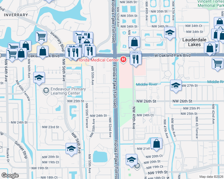map of restaurants, bars, coffee shops, grocery stores, and more near 2606 Northwest 52nd Avenue in Lauderhill