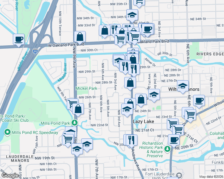 map of restaurants, bars, coffee shops, grocery stores, and more near 325 Northwest 26th Court in Wilton Manors