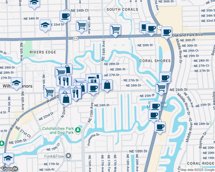 map of restaurants, bars, coffee shops, grocery stores, and more near 1639 Northeast 26th Street in Wilton Manors