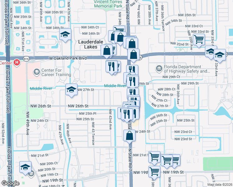 map of restaurants, bars, coffee shops, grocery stores, and more near 4161 Northwest 26th Street in Lauderhill