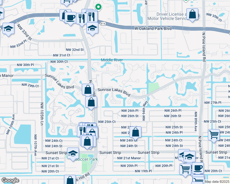 map of restaurants, bars, coffee shops, grocery stores, and more near 140 Sunrise Lakes Boulevard in Sunrise
