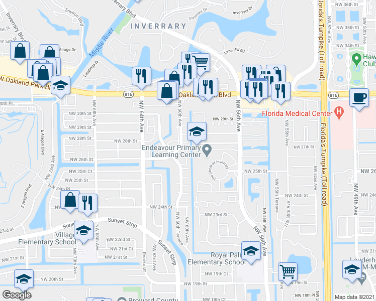 map of restaurants, bars, coffee shops, grocery stores, and more near 2651 Northwest 60th Way in Sunrise