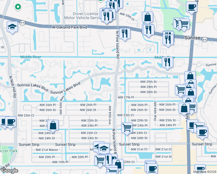 map of restaurants, bars, coffee shops, grocery stores, and more near 2725 North Pine Island Road in Sunrise