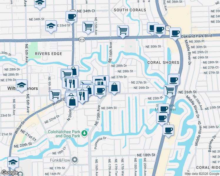 map of restaurants, bars, coffee shops, grocery stores, and more near 1639 Northeast 26th Street in Wilton Manors