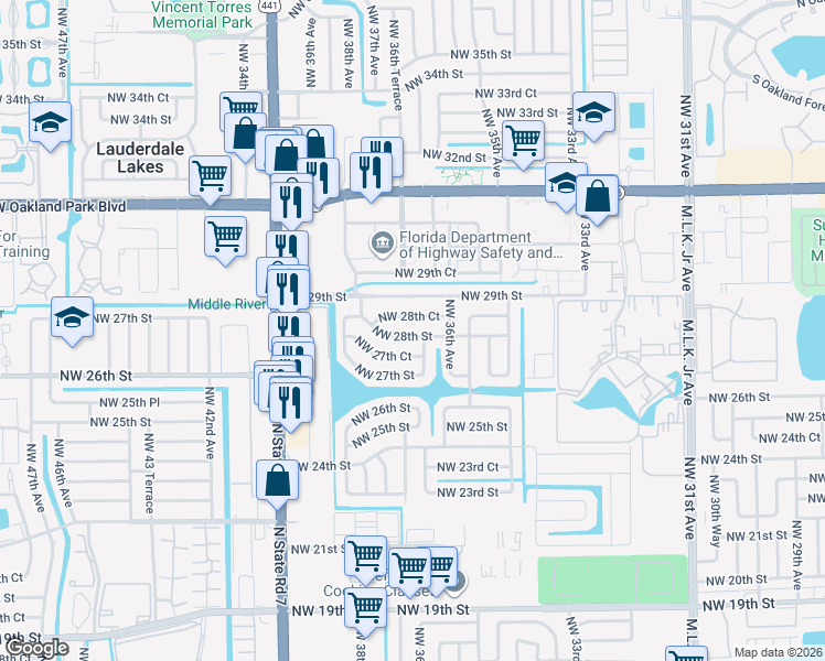 map of restaurants, bars, coffee shops, grocery stores, and more near 3650 Northwest 28th Street in Lauderdale Lakes