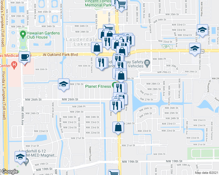 map of restaurants, bars, coffee shops, grocery stores, and more near 4161 Northwest 26th Street in Lauderhill