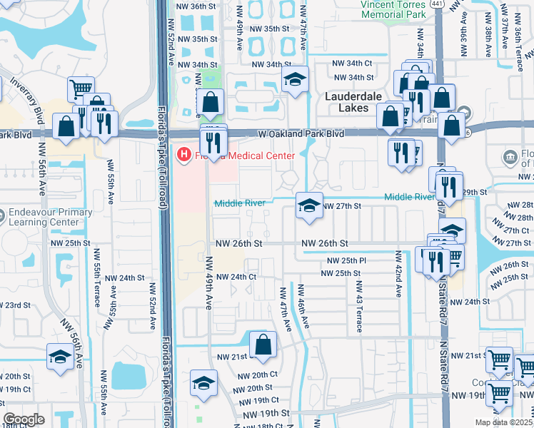 map of restaurants, bars, coffee shops, grocery stores, and more near 501 Northwest 47th Lane in Lauderdale Lakes