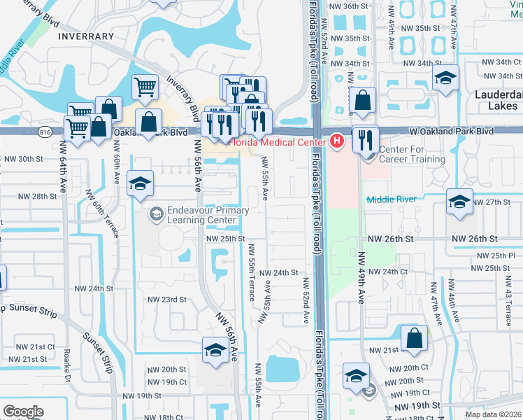 map of restaurants, bars, coffee shops, grocery stores, and more near 2599 Northwest 55th Avenue in Lauderhill