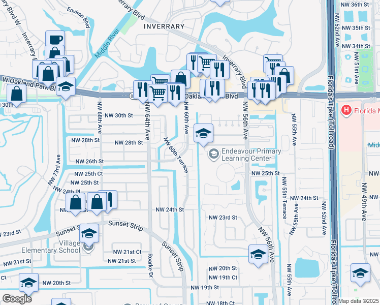 map of restaurants, bars, coffee shops, grocery stores, and more near 2651 Northwest 60th Way in Sunrise