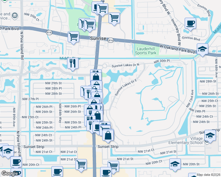 map of restaurants, bars, coffee shops, grocery stores, and more near 2831 Sunrise Lakes Drive East in Sunrise