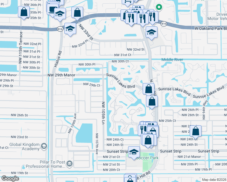 map of restaurants, bars, coffee shops, grocery stores, and more near 2711 Northwest 104th Avenue in Sunrise