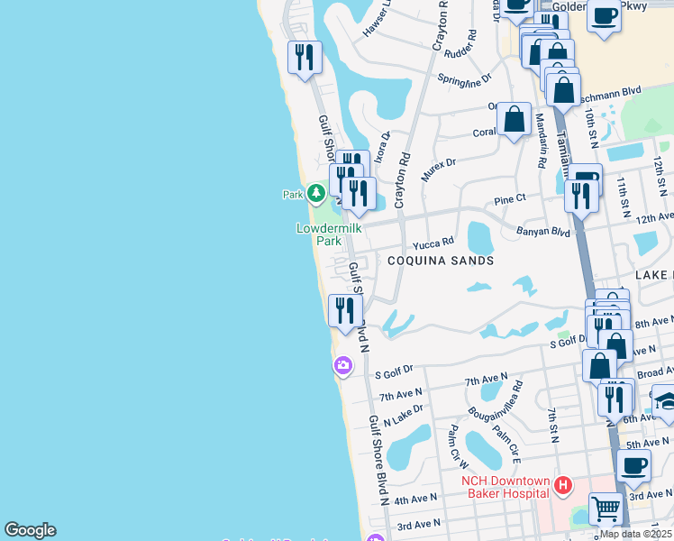 map of restaurants, bars, coffee shops, grocery stores, and more near 1221 Gulf Shore Boulevard North in Naples