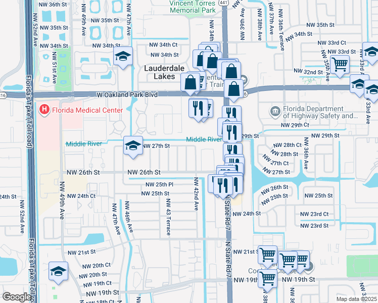 map of restaurants, bars, coffee shops, grocery stores, and more near 2650 Northwest 42nd Terrace in Lauderhill